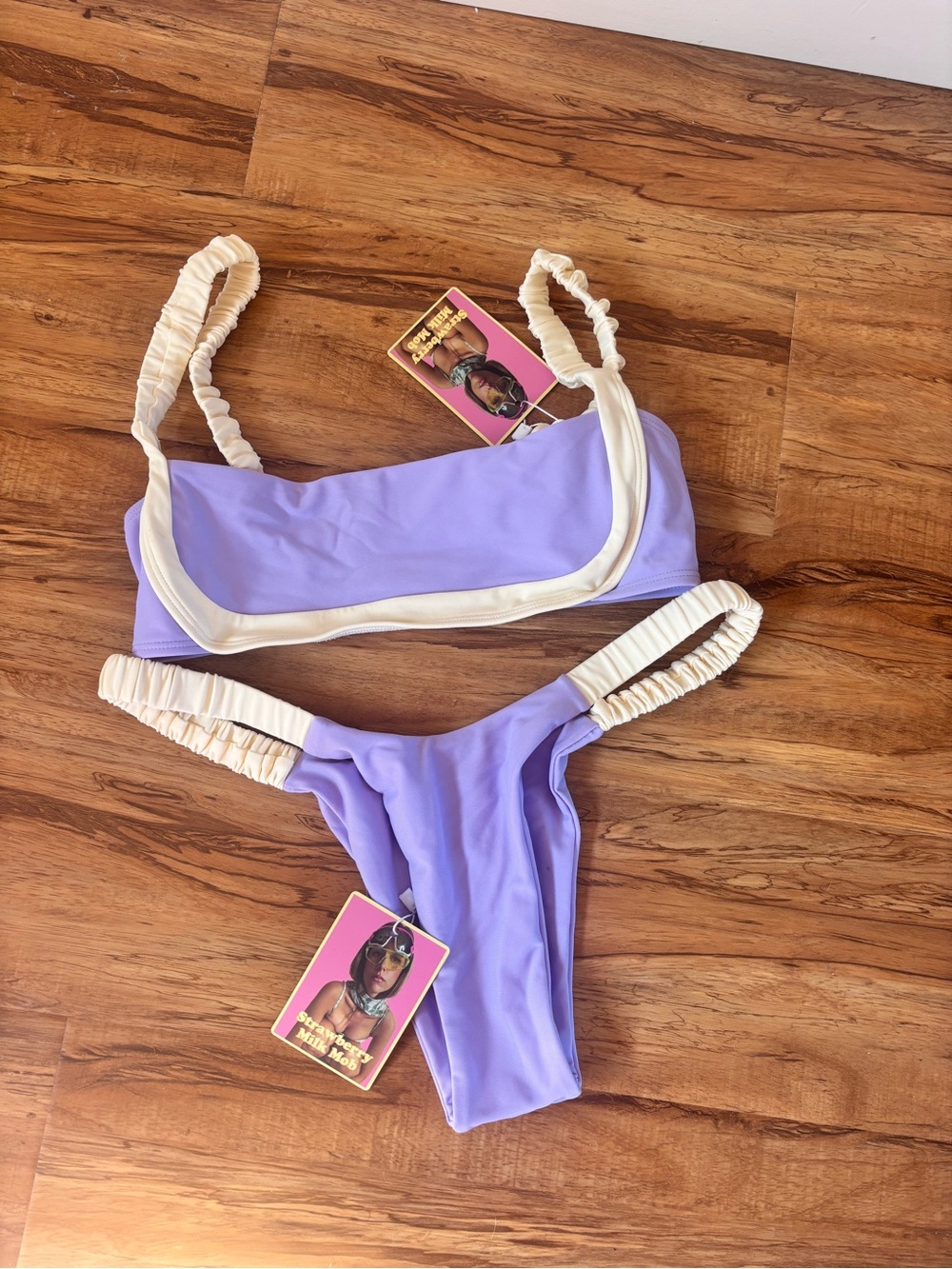 Strawberry Milk Mob Lavender & Cream Ruched Strap Bikini Set
